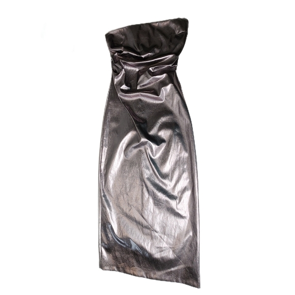 EUC Zara Metallic Steel Strapless Midi Dress With Ruching Size Small - Picture 2 of 15